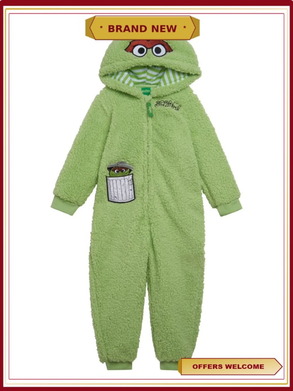 Sesame Street Oscar the Grouch Cozy Sherpa Zip Up Coverall Costume - Picture 1 of 4